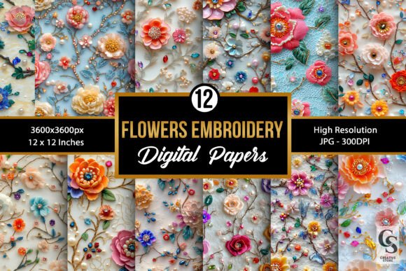 Beaded Floral Embroidery Digital Paper