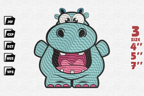 Cute Cartoon Hippo Embroidery Design