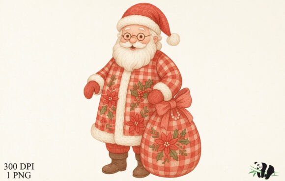 Faux Embroidery Gingham Santa Claus PNG